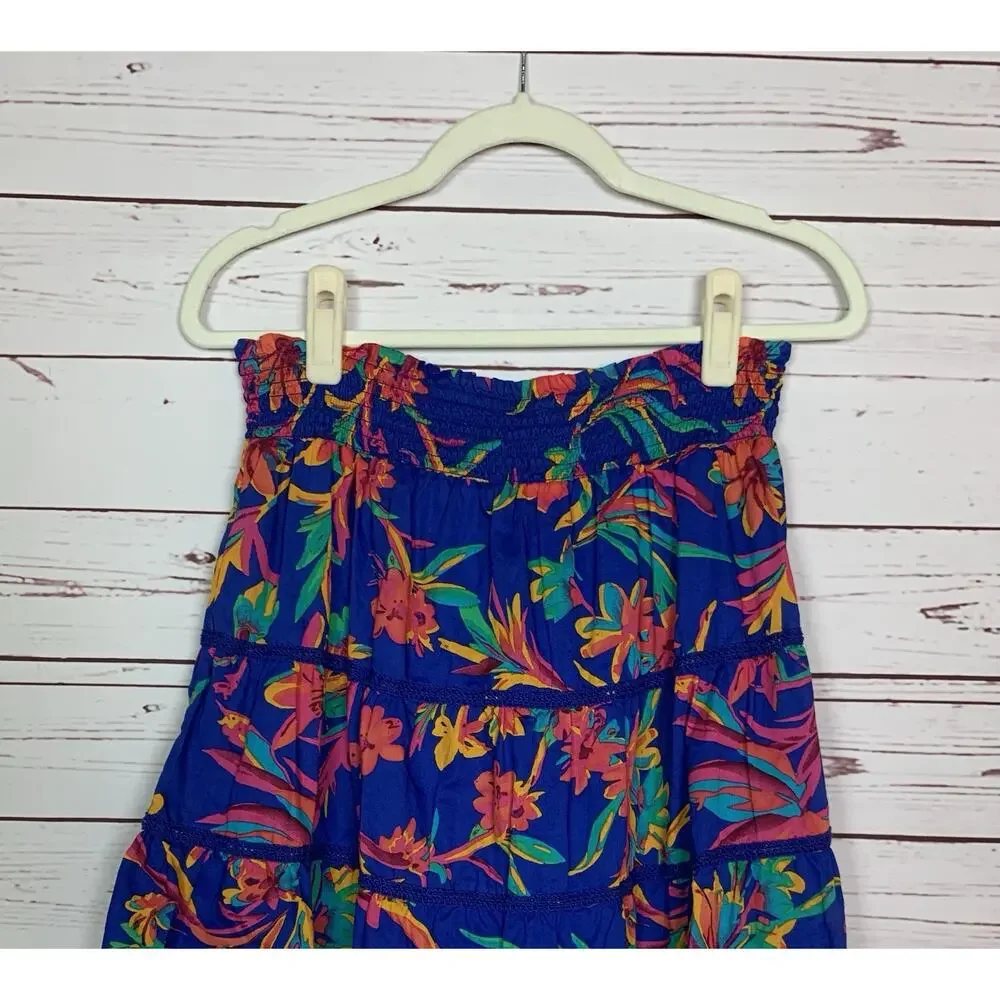 J.Crew Women's S Small Blue Floral Tropical Hawaiin Stretchy Waist Elastic Skirt